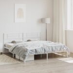 Elegant White King Size Metal Bed Frame with Headboard Sturdy Steel Construction