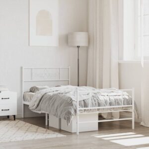 Elegant White Metal Bed Frame with Headboard Footboard Sturdy Steel Slats