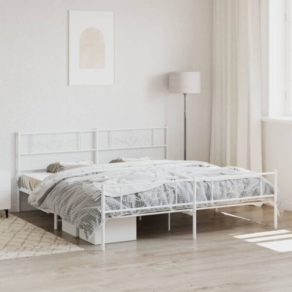 Elegant White Metal King Size Bed Frame with Headboard Footboard Sturdy Design