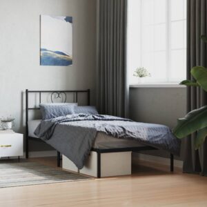 Elegant Single Metal Bed Frame with Headboard Sturdy Steel Slats Black Finish