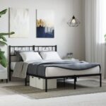 Elegant Black Metal Bed Frame with Headboard Sturdy Steel Slats Storage Space