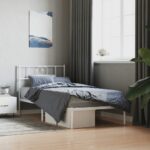 White Metal Single Bed Frame with Headboard Elegant Sturdy Steel Slatted Base