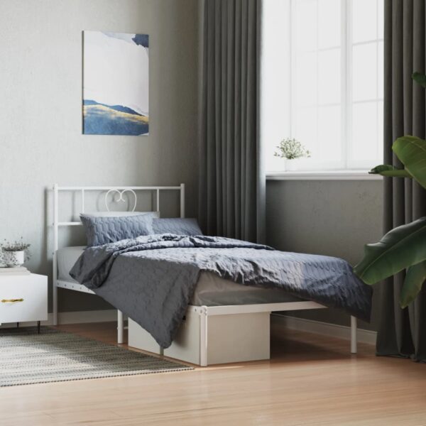 Elegant White Metal Bed Frame with Headboard Sturdy Steel Slats Storage Space