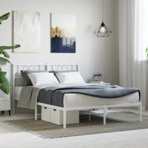 Elegant White Metal Bed Frame with Headboard Sturdy Steel Slats Double Size