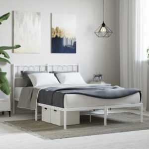 Elegant White Metal Bed Frame with Headboard Sturdy Steel Slats Queen Size