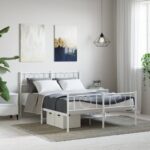 Elegant White Metal Bed Frame with Headboard Footboard Sturdy Steel Slats Double