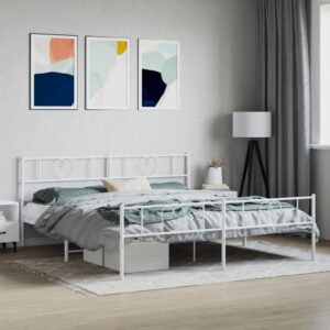 Elegant White King Size Metal Bed Frame with Headboard Footboard Sturdy Steel