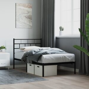 Elegant Single Metal Bed Frame with Headboard Sturdy Steel Slats Black Bedroom