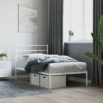 Elegant White Metal Single Bed Frame with Headboard Sturdy Steel Slats Storage