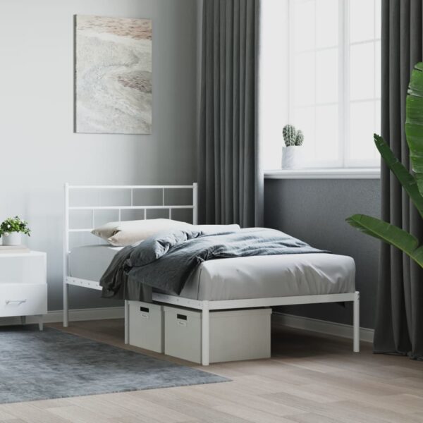 Elegant White Metal Bed Frame with Headboard Sturdy Steel Slats Storage Space