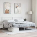 King Size White Metal Bed Frame with Elegant Headboard Sturdy Steel Construction