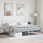 Elegant White King Size Metal Bed Frame with Headboard Storage Space