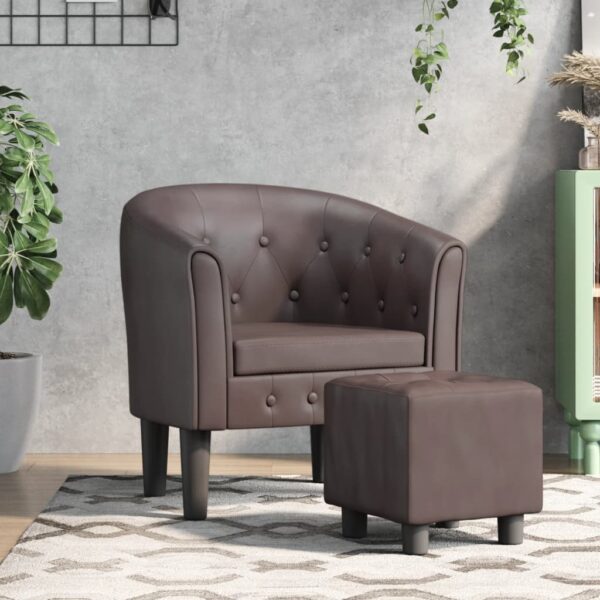 Tub Chair with Footstool Brown Faux Leather