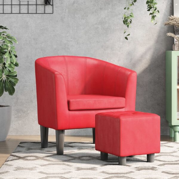 Tub Chair with Footstool Red Faux Leather