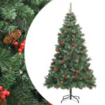 Full Bodied Green Artificial Christmas Tree with Pine Cones Berries Hinged