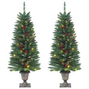 Set of Two Green Artificial Christmas Trees with Warm White LED Lights Decor