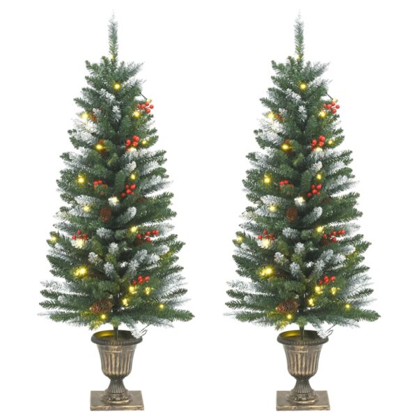 Set of Two Artificial Christmas Trees with LED Lights Green White Decorative