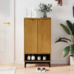 Rustic Solid Pine Wood Shoe Cabinet with 5 Shelves Dual Door Storage Organizer