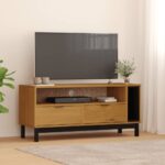 Rustic Solid Pine Wood TV Stand Media Console with Storage and Cable Hole