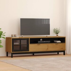 Rustic Solid Pine Wood TV Stand Media Console with Glass Door Storage Cabinet