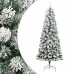 Snow Flocked Artificial Christmas Tree Hinged Lifelike Green White PVC Iron Stand