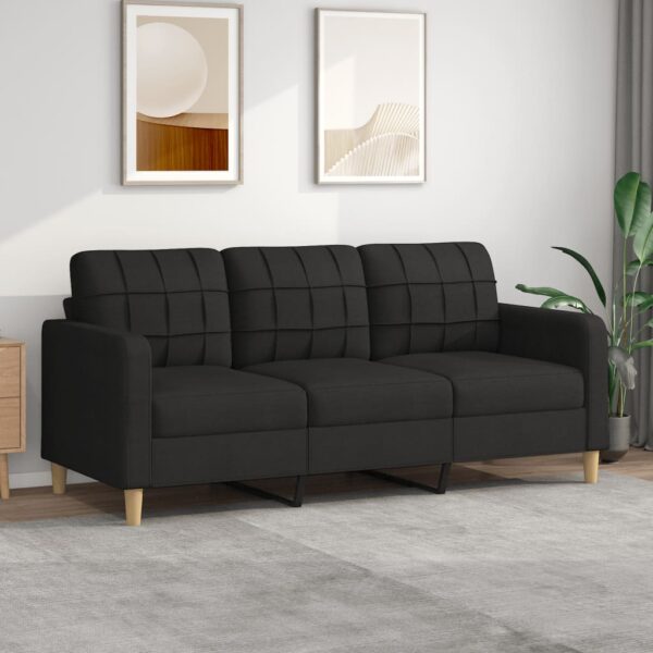 Modern Black Fabric Sofa Comfortable 3-Seater Couch Sturdy Metal Frame Home Decor