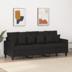 Modern Black Fabric Sofa Comfortable Padded 3-Seater Couch Living Room Furniture