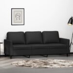 Modern Black Faux Leather Sofa Comfortable Padded 3-Seater Couch Living Room