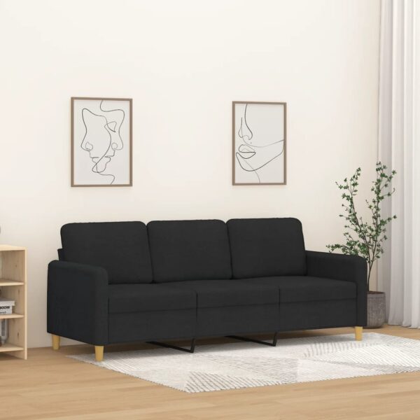 Modern Black Fabric Sofa Comfortable Padded 3-Seater Couch Living Room Furniture