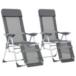 Folding Camping Chairs with Footrests Grey Textilene Reclining Outdoor Pair