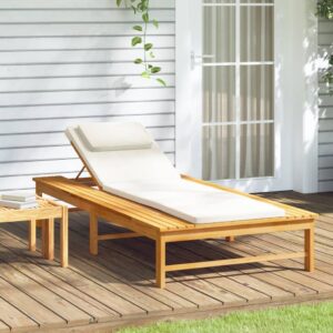 Adjustable Wooden Sun Lounger Cream Cushion Recliner Outdoor Patio Garden Deck