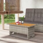 Adjustable Height Outdoor Garden Patio Coffee Table Solid Acacia Wood Rattan Grey