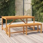 Solid Acacia Wood Outdoor Dining Table Elegant Fishbone Slats Sturdy Patio Furniture