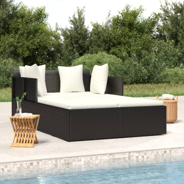 Sunbed with Cushions Black 182x118x63 cm Poly Rattan