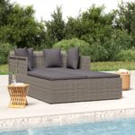 Sunbed with Cushions Grey 182x118x63 cm Poly Rattan