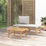 Bamboo Garden Lounge Set Outdoor Patio Furniture with Light Grey Cushions