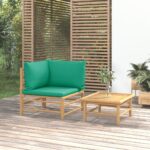 Bamboo Garden Lounge Set Outdoor Patio Furniture with Green Cushions