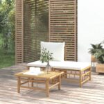 Bamboo Garden Lounge Set Outdoor Patio Furniture with Cream Cushions