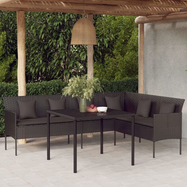 L-shaped Garden Sofa with Cushions Black Poly Rattan