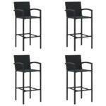 Set of Four Outdoor Indoor Black Rattan Wicker Bar Stools with Footrest