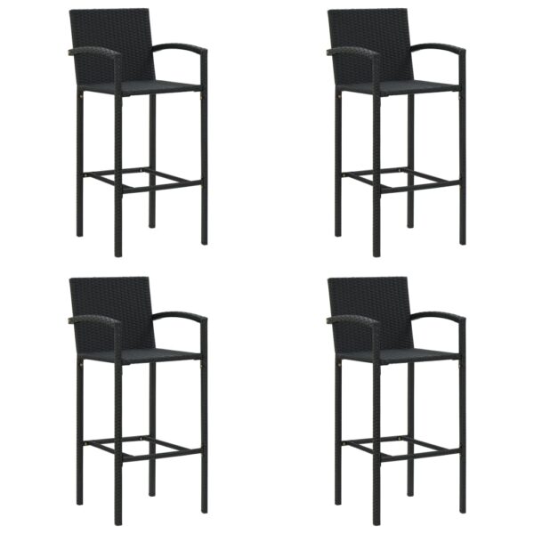 Set of Four Outdoor Indoor Black Rattan Wicker Bar Stools with Footrest