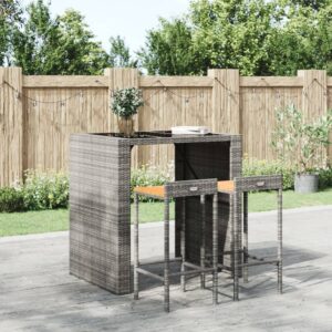 Set of 2 Grey Poly Rattan Outdoor Bar Stools with Solid Acacia Wood Seat