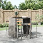 Set of 4 Grey Poly Rattan Outdoor Indoor Bar Stools with Solid Acacia Wood