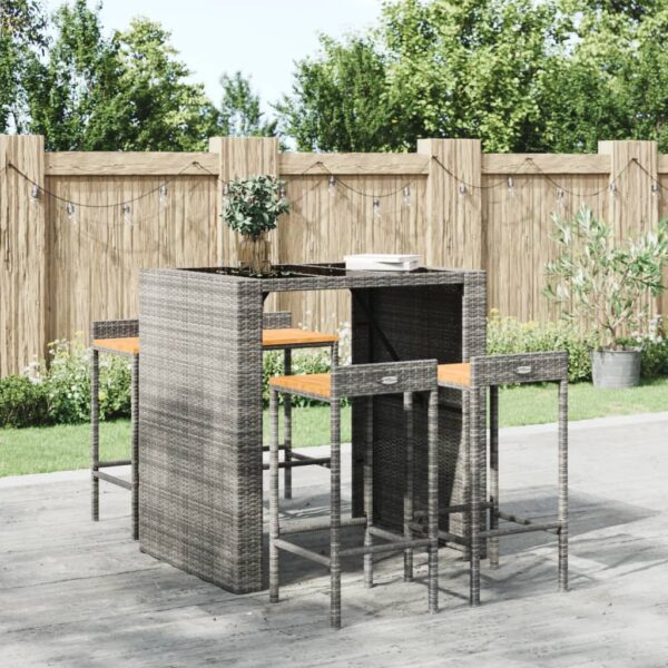 Set of 4 Grey Poly Rattan Outdoor Indoor Bar Stools with Solid Acacia Wood