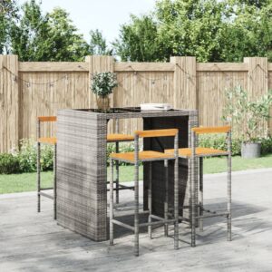 Set of 4 Grey Poly Rattan Outdoor Indoor Bar Stools with Acacia Wood Seat