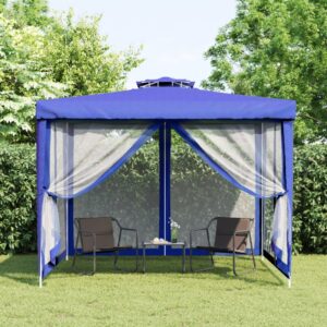 Outdoor Fabric Gazebo Double Roof Canopy Shelter Blue Mesh Sidewalls Garden Tent