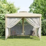 Elegant Cream Fabric Gazebo Double Roof UV Resistant with Mesh Sidewalls