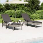 Sun Loungers 2 pcs with Table and Cushions Grey Poly Rattan