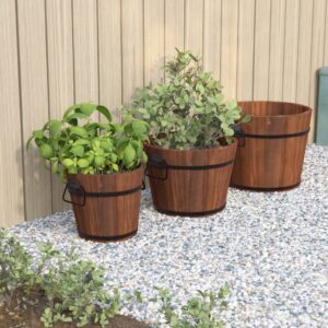 Rustic Wooden Bucket Planter Set Garden Decor with Drainage Holes & Metal Handles