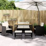 6 Piece Garden Dining Set with Cushions Black Poly Rattan